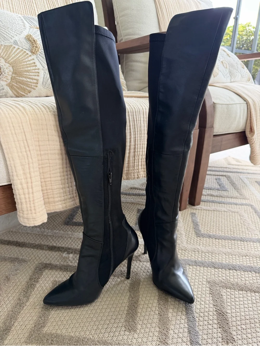 Charles David Black Leather Over the Knee Boots Size 8 Pointed Toe Stiletto